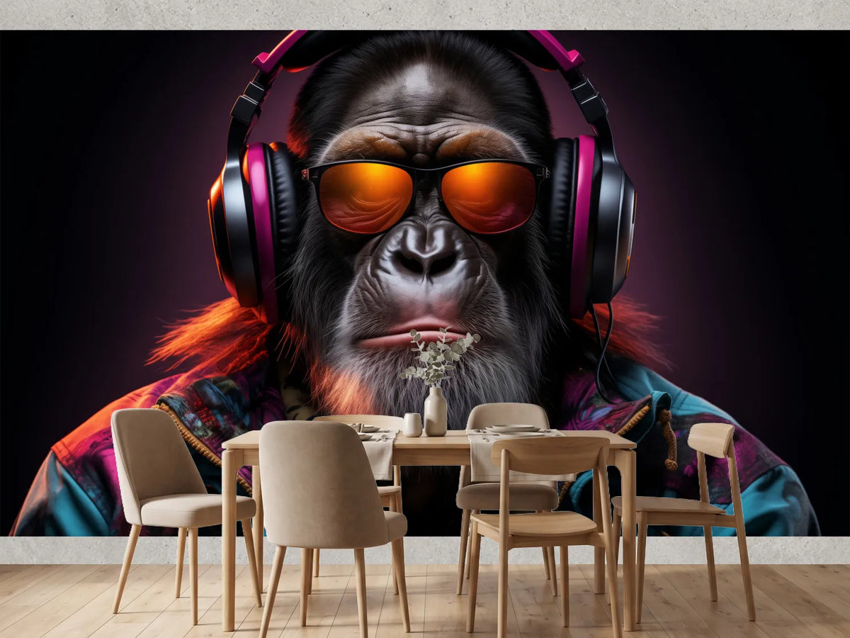 photo-wallpaper-ape-in-pink-headphones-and-orange-sunglasses-under-neon-light