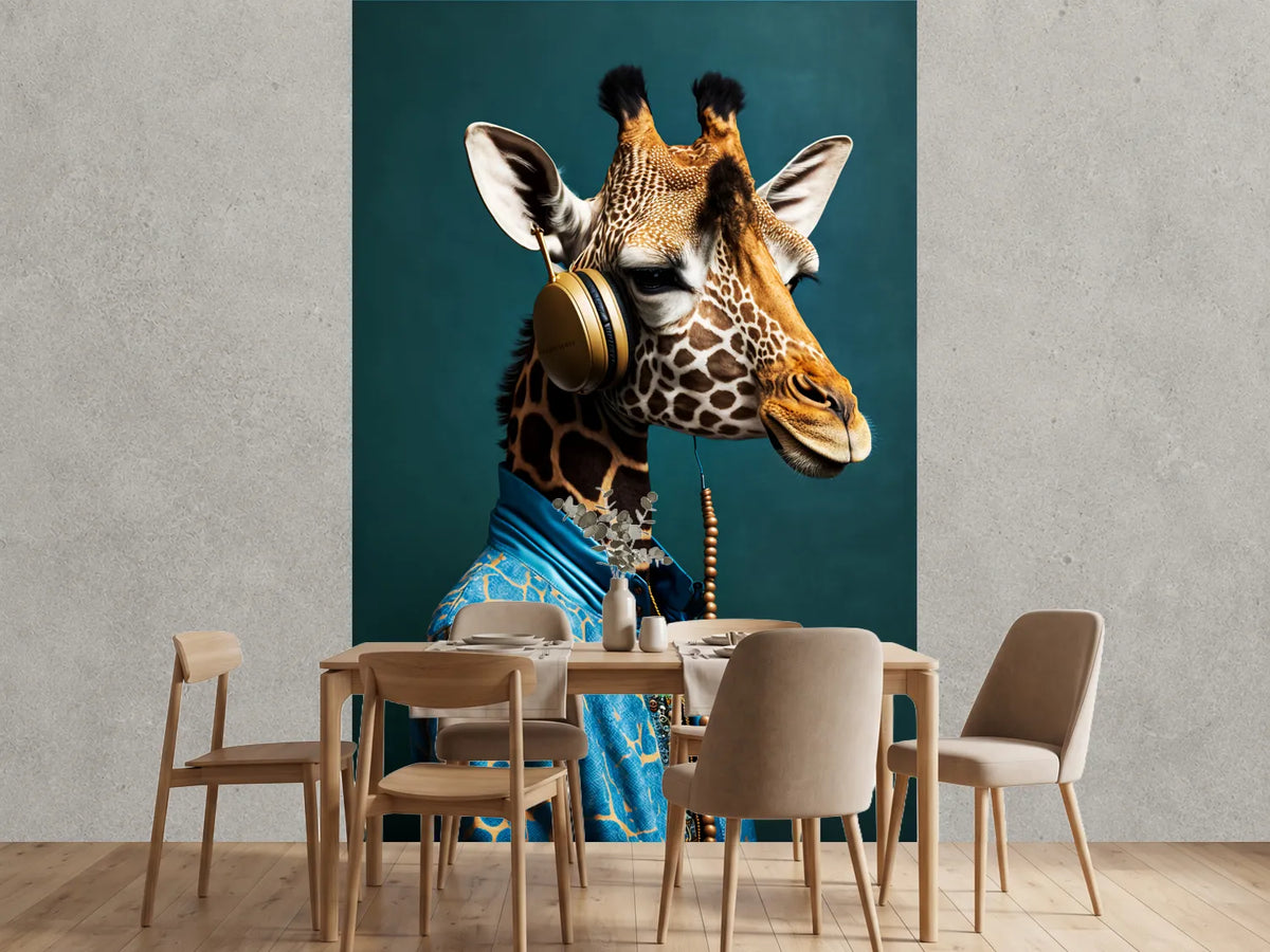photo-wallpaper-giraffe-in-a-blue-silk-shirt-wearing-golden-headphones