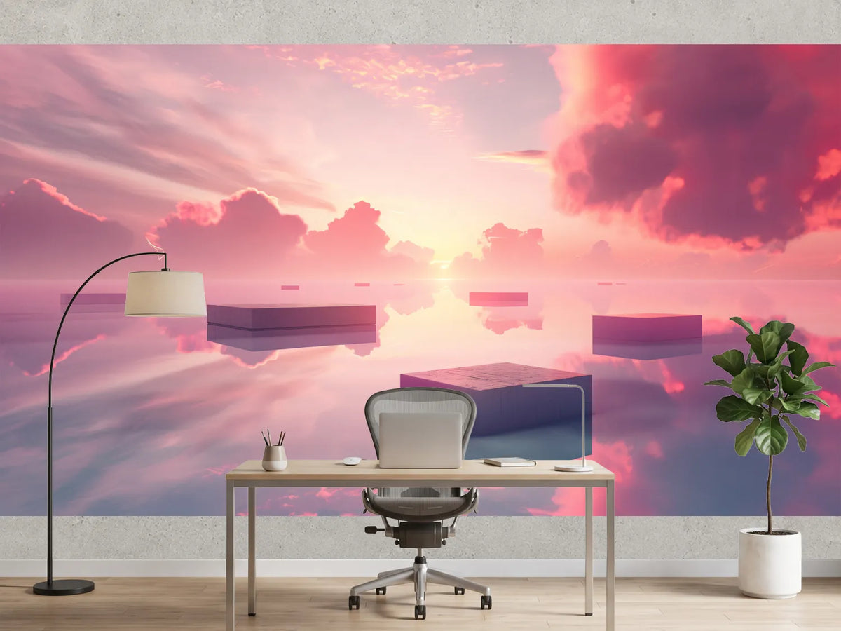photo-wallpaper-floating-cubes-above-mirror-still-water-in-pink-sunset-light