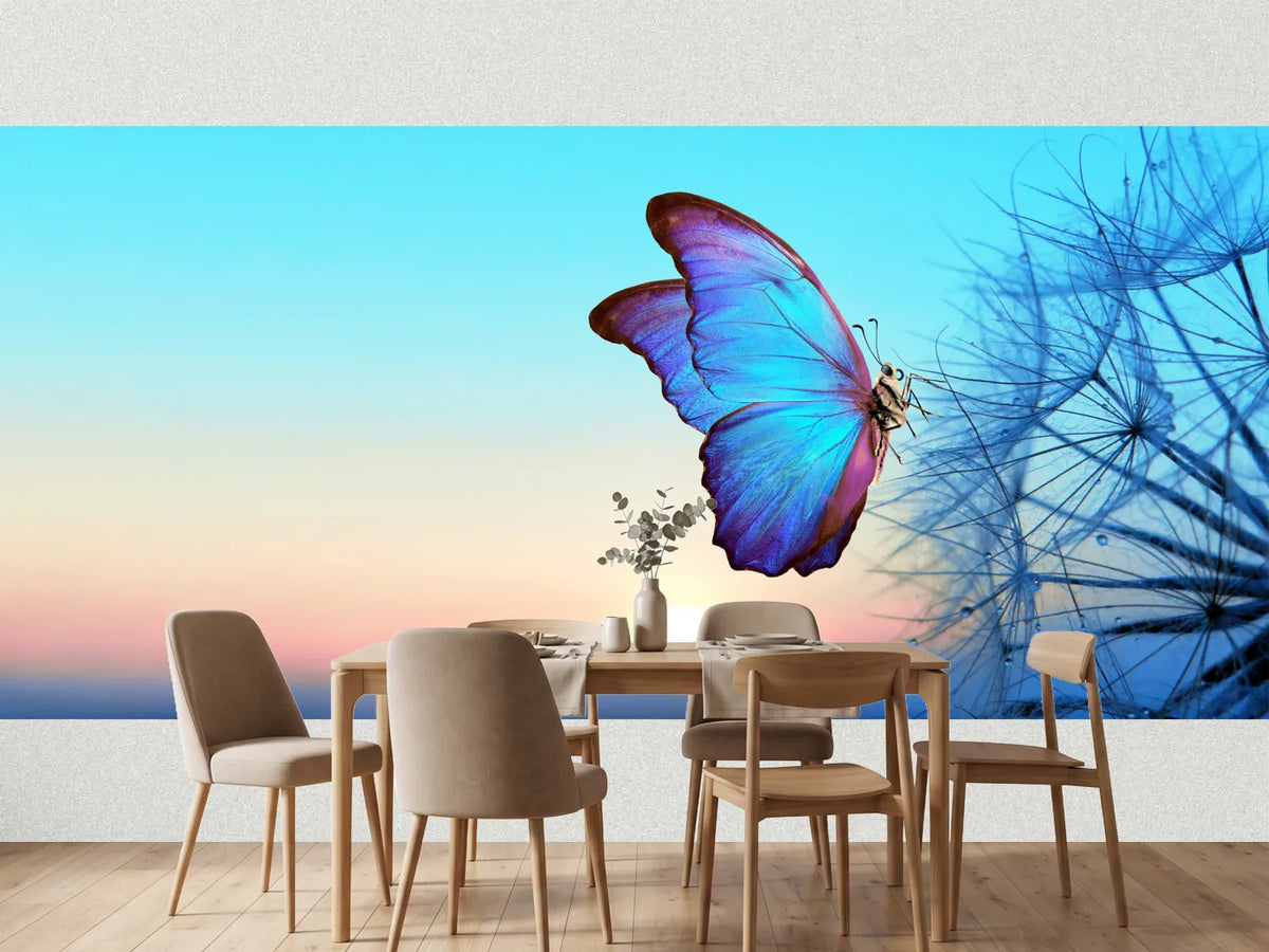 photo-wallpaper-blue-morpho-butterfly-on-a-dandelion-seed-head-at-sunrise