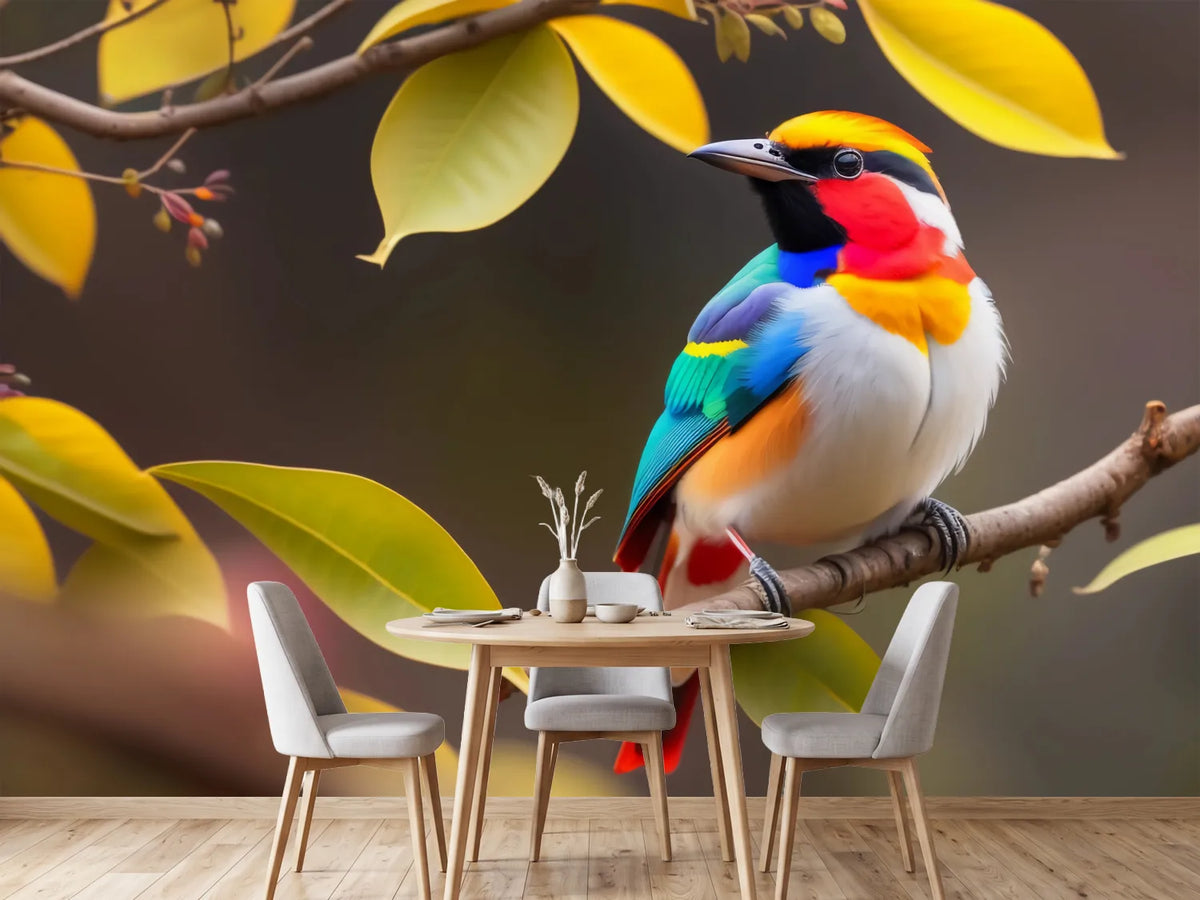 photo-wallpaper-brightly-coloured-bird-on-a-branch-among-yellow-leaves