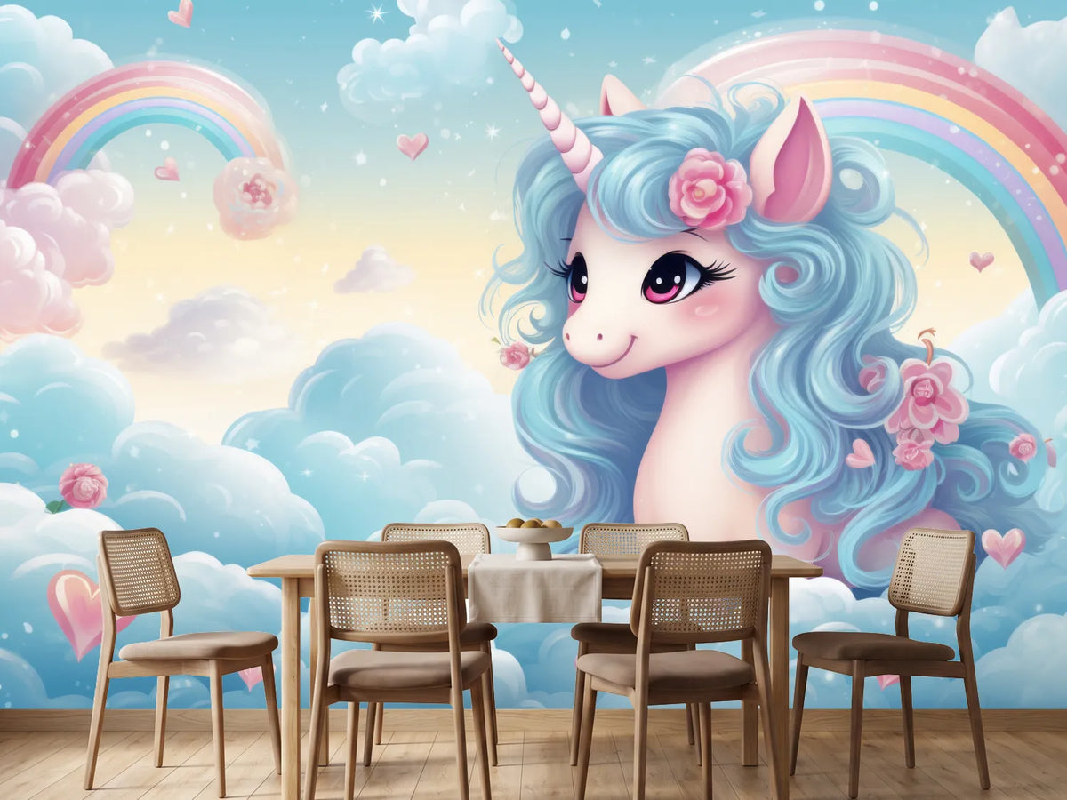 photo-wallpaper-unicorn-with-turquoise-mane-among-pastel-clouds-and-rainbows