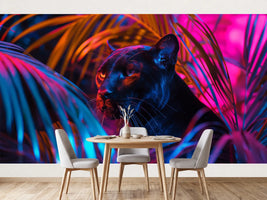 photo-wallpaper-black-panther-on-a-background-of-neon-tropical-leaves