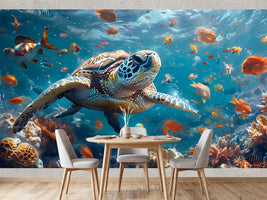 photo-wallpaper-sea-turtle-gliding-over-a-colourful-coral-reef-in-turquoise-light
