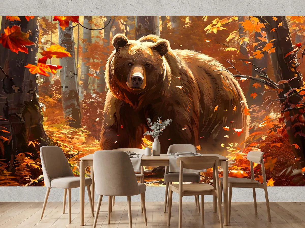 photo-wallpaper-brown-bear-in-a-glowing-autumn-forest-with-warm-backlight
