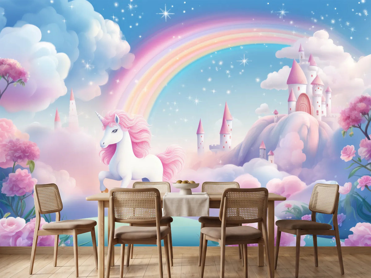 photo-wallpaper-unicorn-before-a-fairy-tale-castle-beneath-a-pastel-rainbow