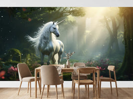 photo-wallpaper-white-unicorn-in-a-mossy-forest-with-sunbeams-and-pink-blossoms