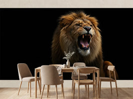 photo-wallpaper-roaring-lion-with-full-mane-against-deep-black-darkness