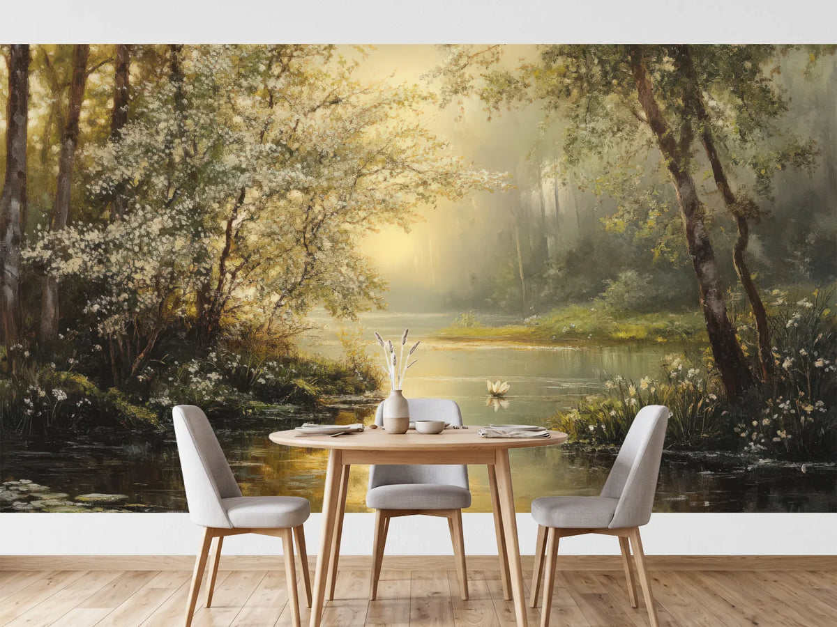 photo-wallpaper-still-river-through-blossoming-woodland-in-golden-morning-haze