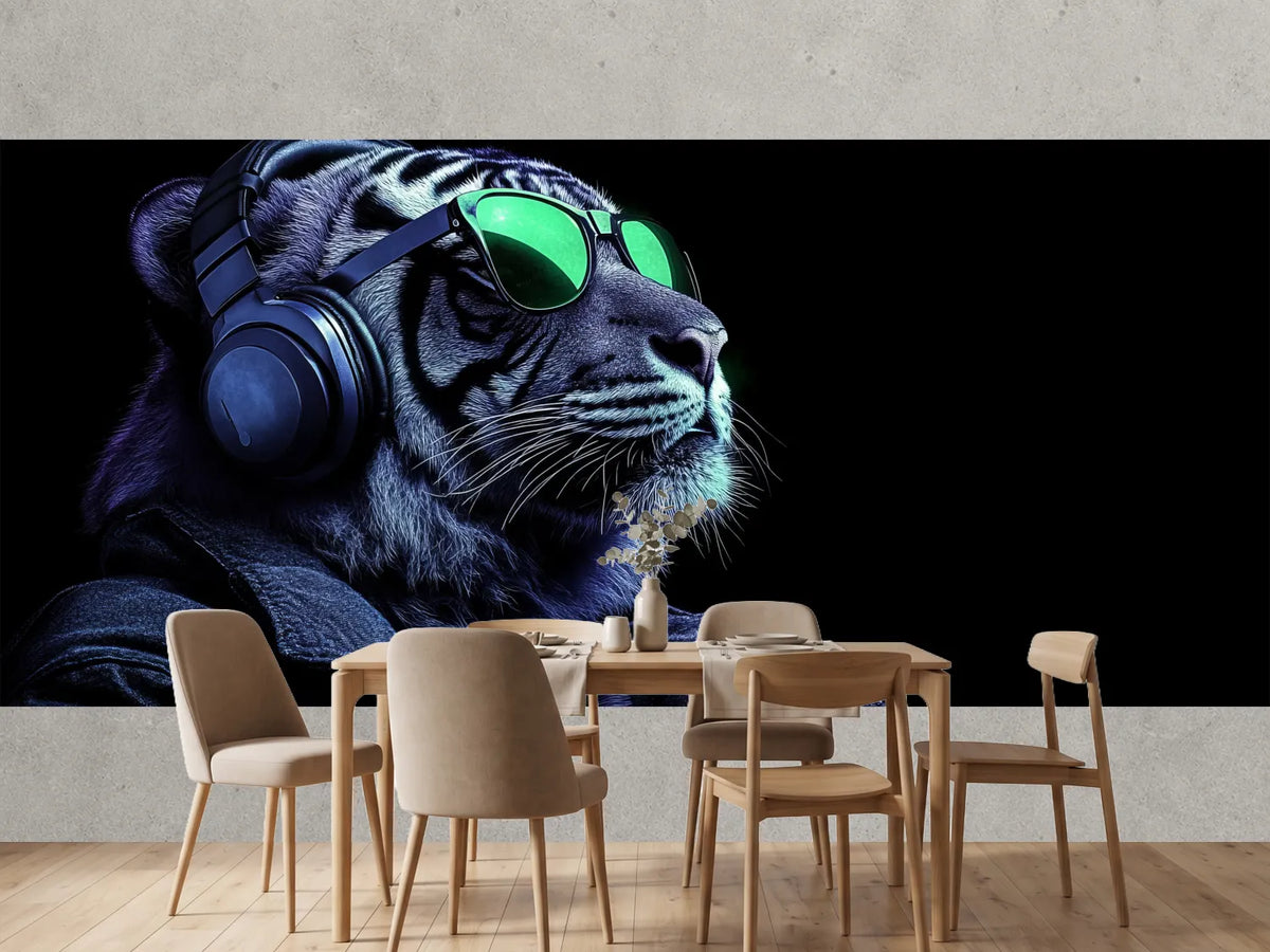photo-wallpaper-tiger-wearing-headphones-and-neon-green-sunglasses-in-blue-darkness