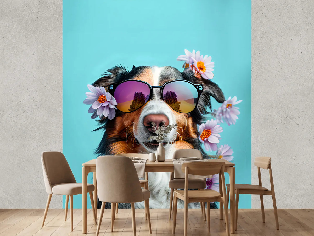 photo-wallpaper-dog-in-sunglasses-with-blossoms-on-turquoise