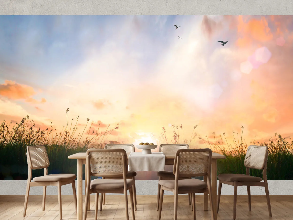 photo-wallpaper-sunrise-over-the-meadow-with-birds-in-golden-light