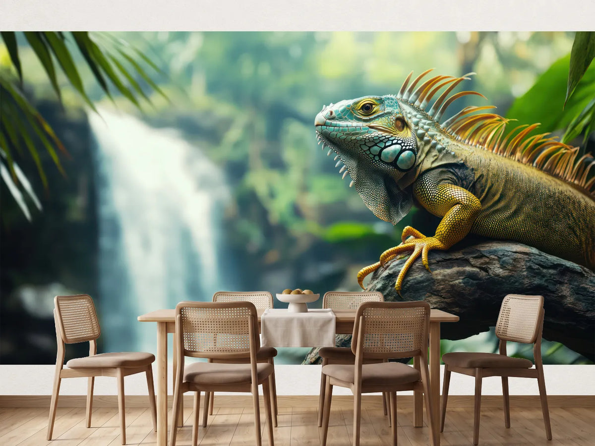 photo-wallpaper-green-iguana-perched-on-a-branch-with-a-waterfall-in-the-background