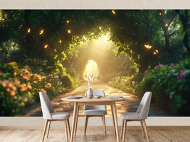 photo-wallpaper-cobbled-path-through-a-blossoming-leafy-tunnel-with-glowing-butterflies
