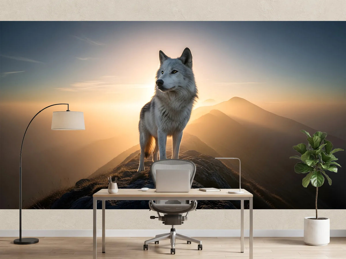 photo-wallpaper-majestic-white-wolf-standing-on-mountain-peak-at-sunset