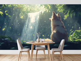 photo-wallpaper-wolf-by-a-forest-waterfall-in-a-beam-of-light