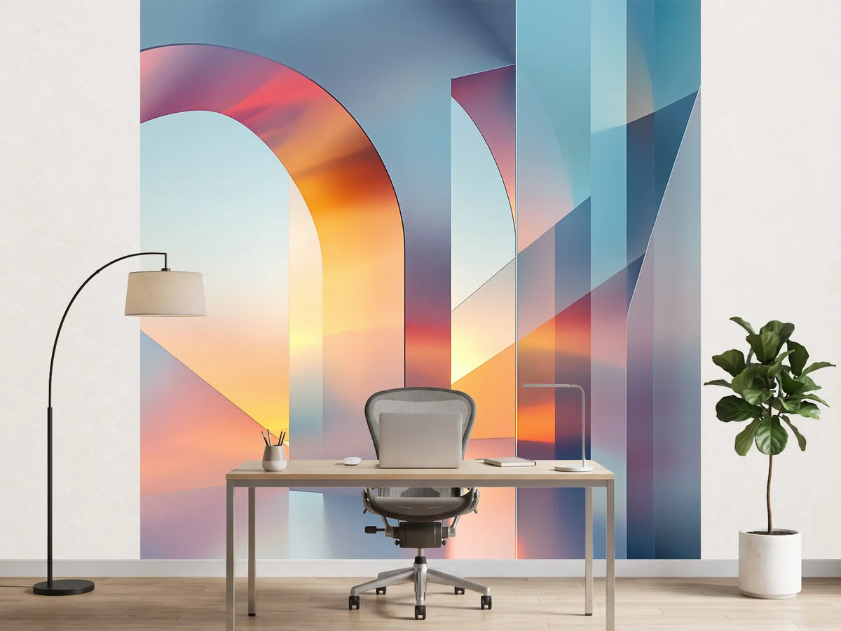photo-wallpaper-mirrored-arches-at-sunset-glass-architecture-in-orange-and-blue