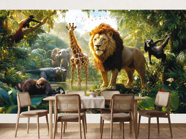 photo-wallpaper-lion-and-jungle-animals-at-a-sunlit-watering-hole