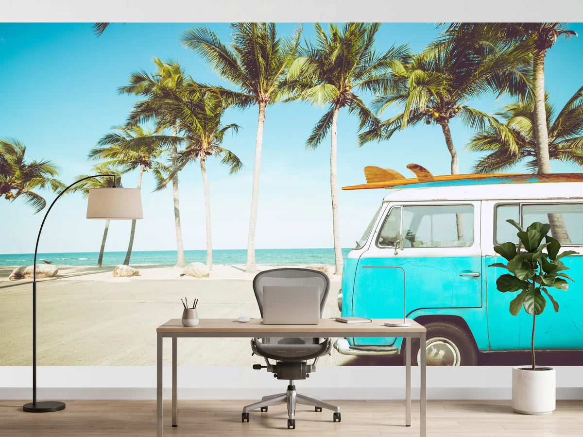 photo-wallpaper-turquoise-camper-van-with-surfboard-on-a-palm-lined-beach-in-retro-summer-light
