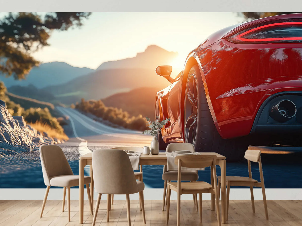 photo-wallpaper-red-sports-car-on-a-mountain-road-in-golden-evening-backlight