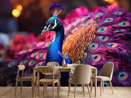 photo-wallpaper-peacock-with-iridescent-tail-fanned-in-blue-and-magenta