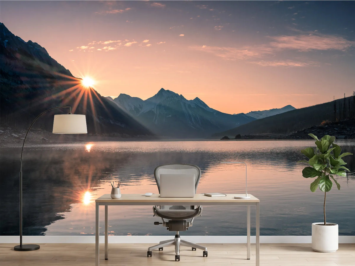 photo-wallpaper-sunrise-on-mountain-with-foggy-in-medicine-lake-at-jasper