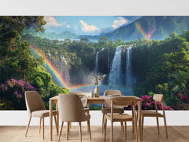 photo-wallpaper-tropical-waterfall-with-a-rainbow-over-blossoming-jungle