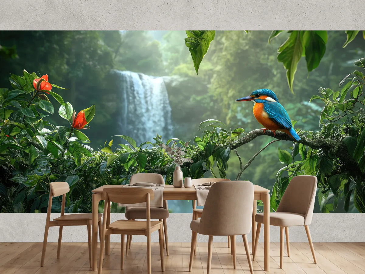photo-wallpaper-kingfisher-on-a-branch-before-a-jungle-waterfall