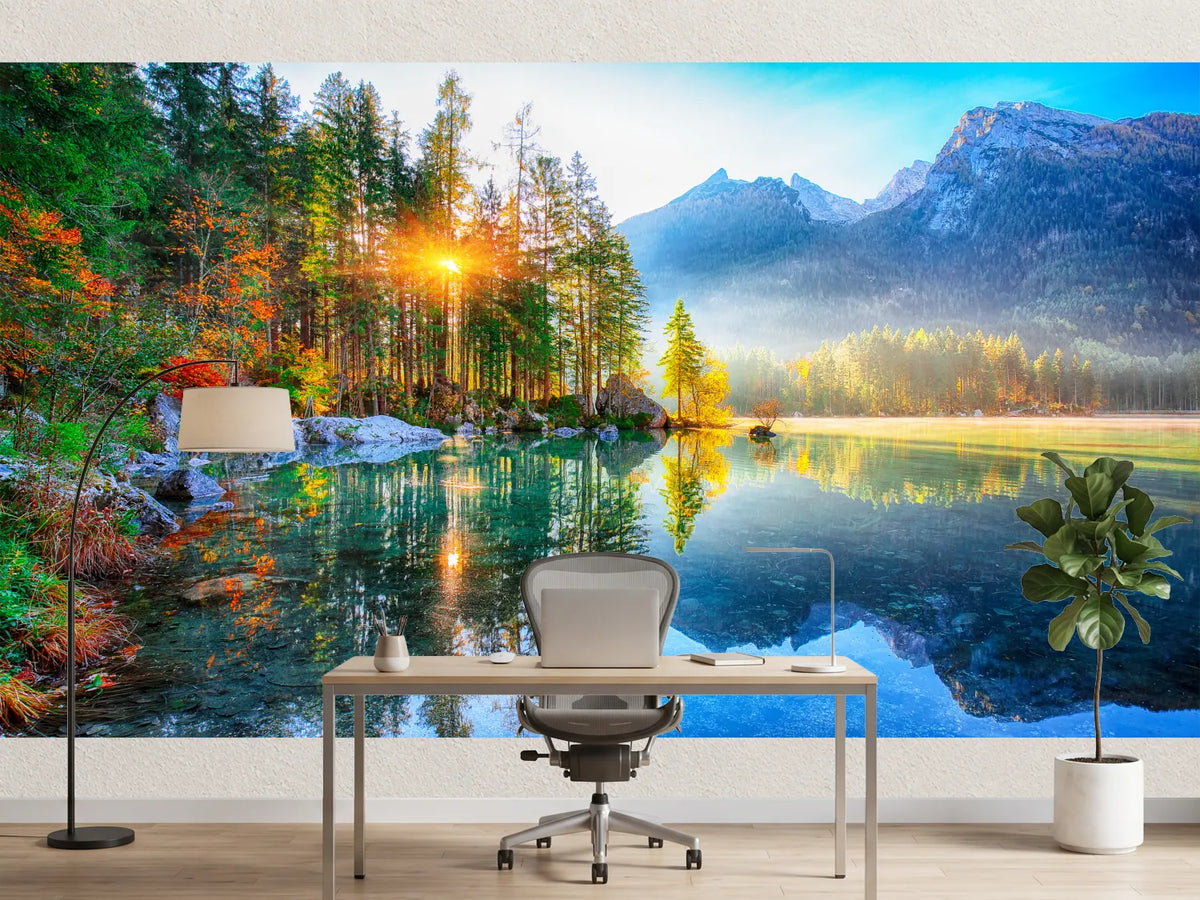 photo-wallpaper-turquoise-mountain-lake-in-autumn-with-sunburst-through-conifers
