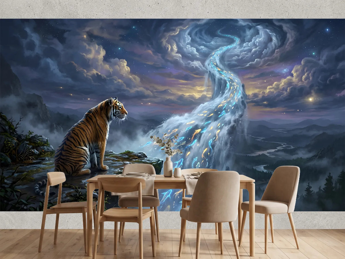 photo-wallpaper-tiger-on-a-cliff-edge-beside-a-starlit-waterfall-of-glowing-fish