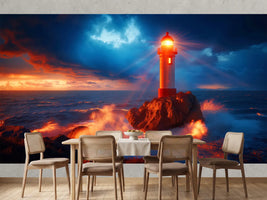 photo-wallpaper-lighthouse-on-a-rocky-reef-with-surf-in-glowing-evening-light