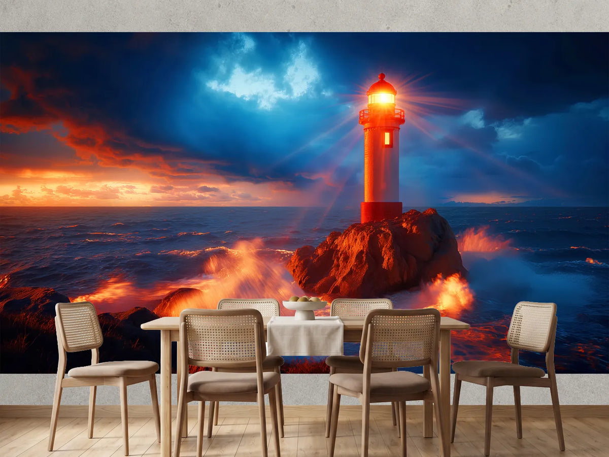 photo-wallpaper-lighthouse-on-a-rocky-reef-with-surf-in-glowing-evening-light