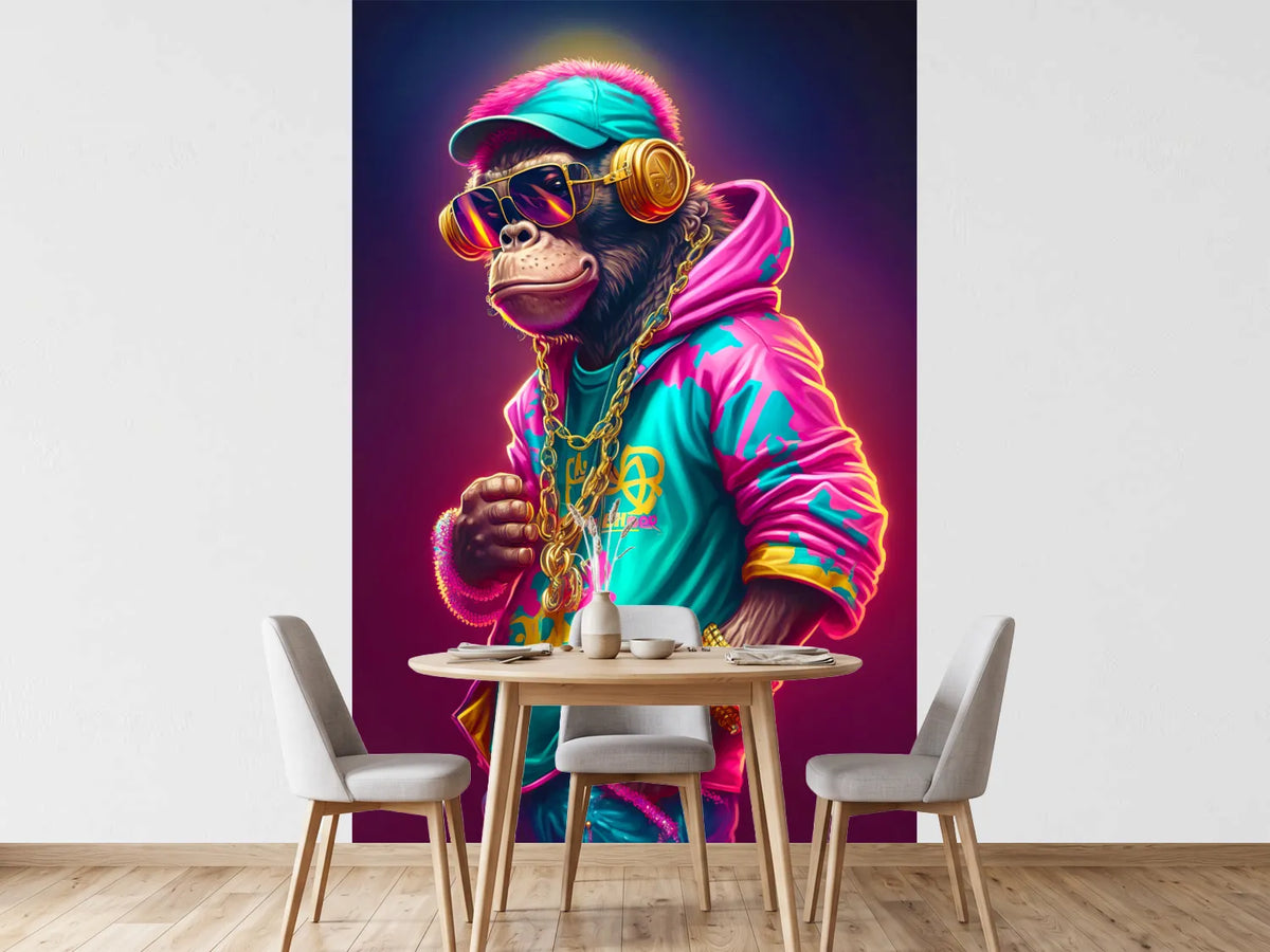 photo-wallpaper-rapper-monkey-with-gold-chain-and-sunglasses-in-neon-colours