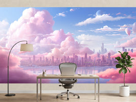 photo-wallpaper-city-skyline-behind-pink-cloud-banks-mirrored-in-still-water