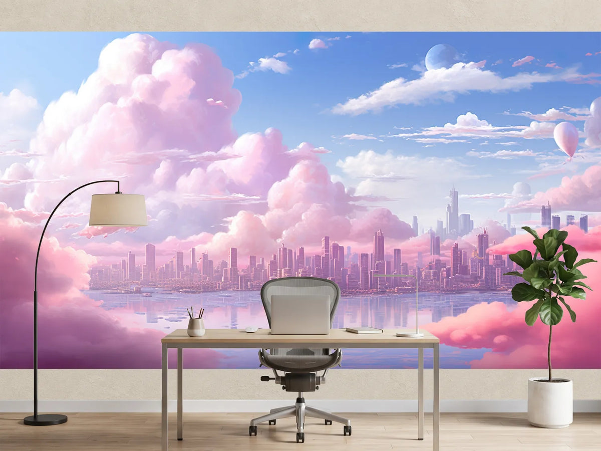 photo-wallpaper-city-skyline-behind-pink-cloud-banks-mirrored-in-still-water