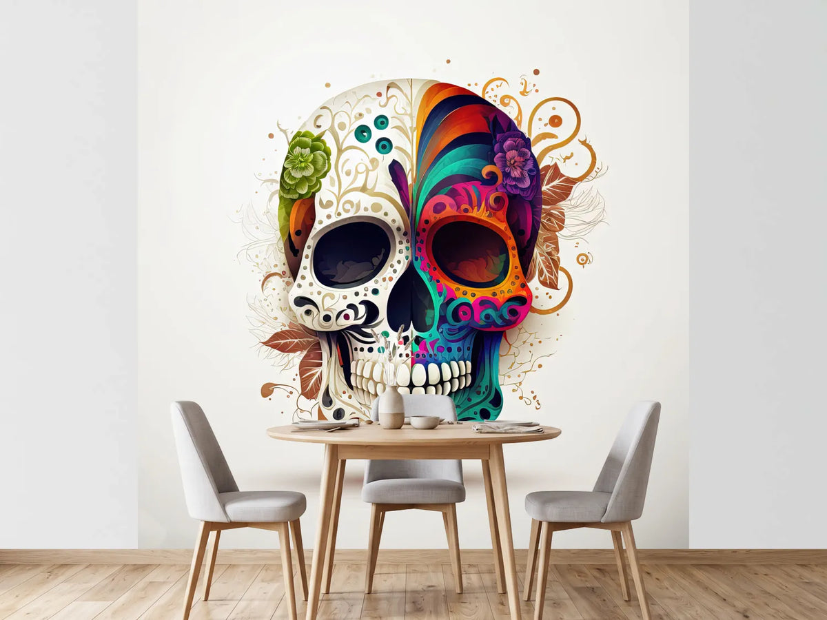 photo-wallpaper-sugar-skull-split-in-two-white-filigree-meets-vivid-colour