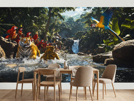 photo-wallpaper-tigers-and-macaws-in-a-jungle-waterfall