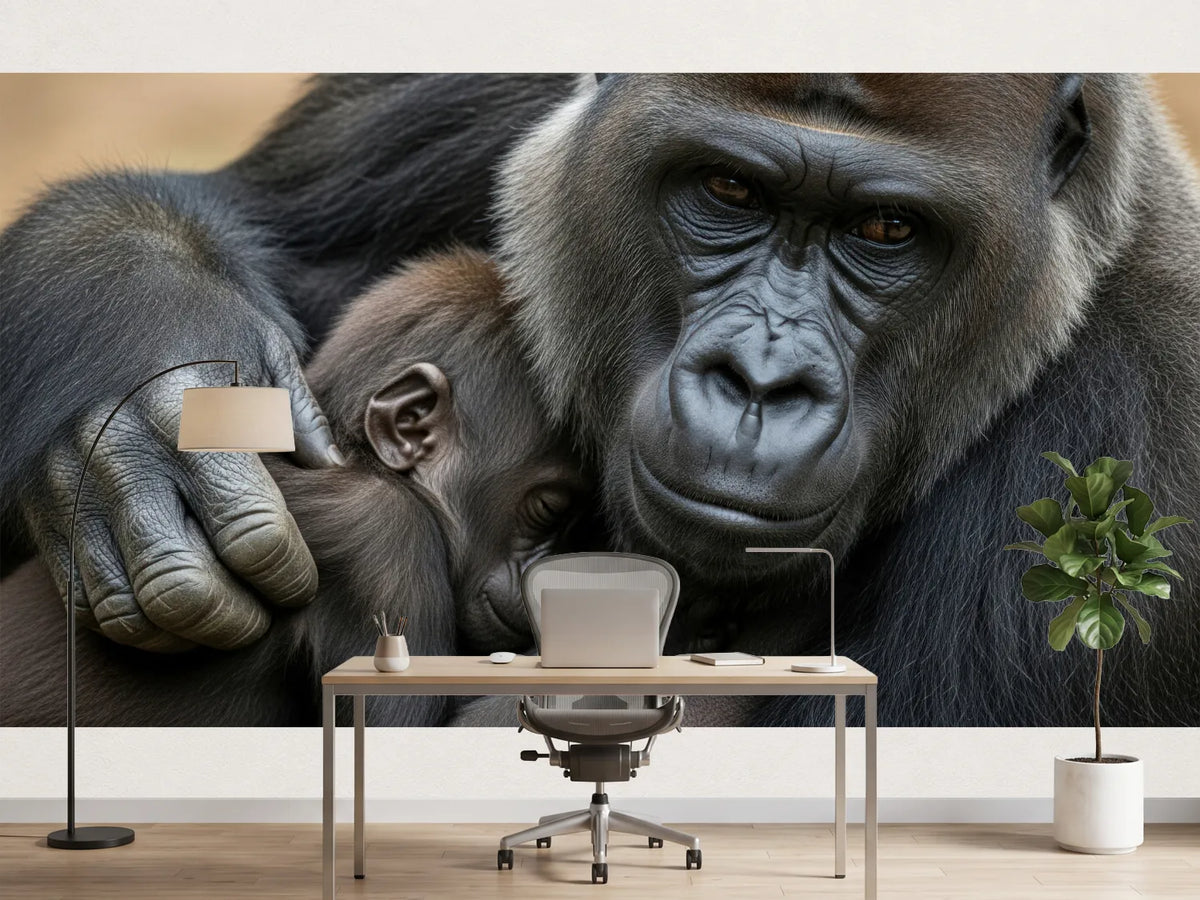 photo-wallpaper-gorilla-mother-cradling-her-sleeping-infant-in-warm-light