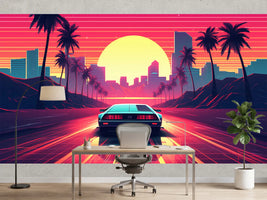 photo-wallpaper-sports-car-on-a-neon-highway-into-a-synthwave-sunset-with-palms