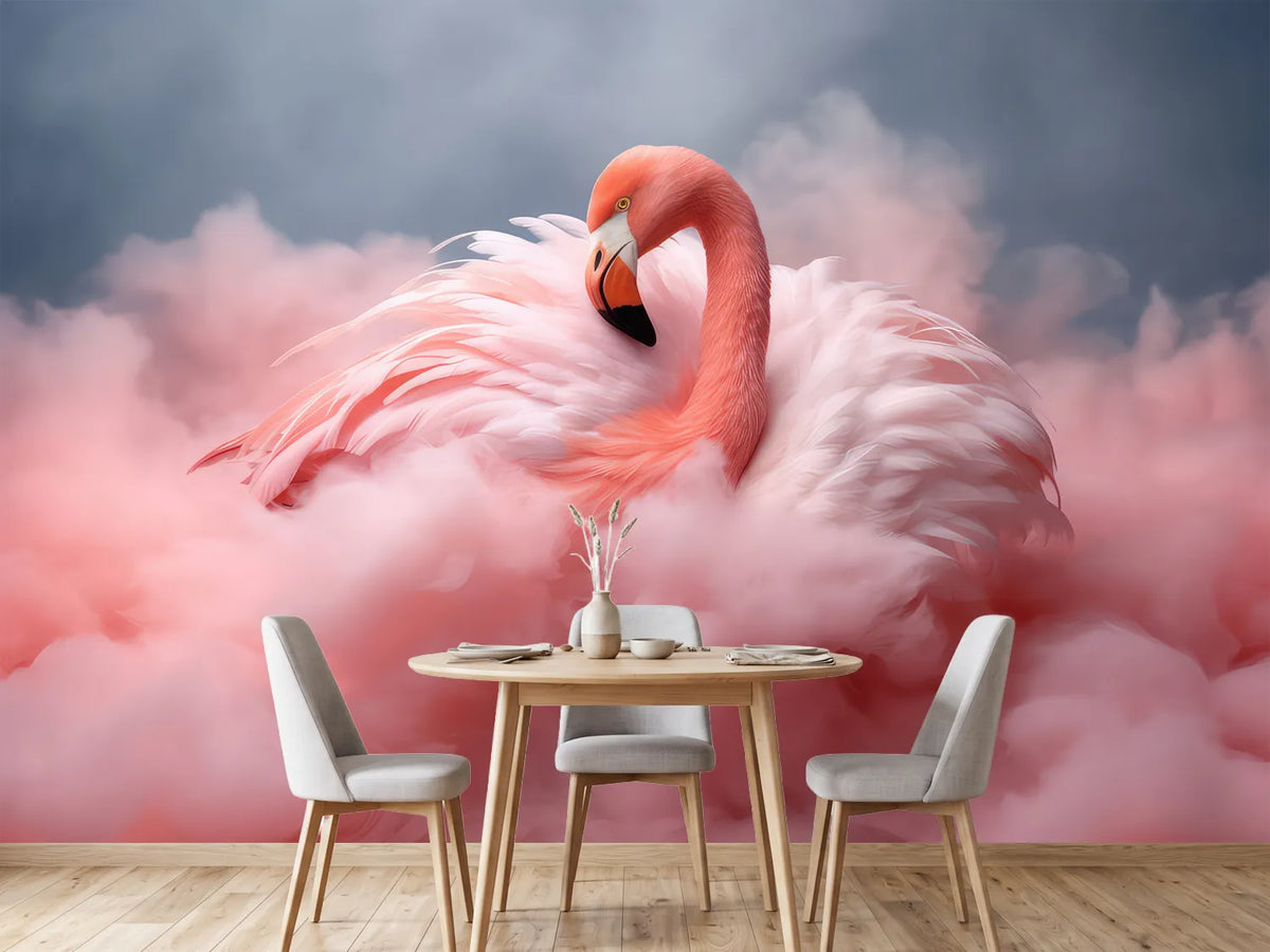 photo-wallpaper-flamingo-nestled-in-pink-feather-clouds-under-a-grey-sky