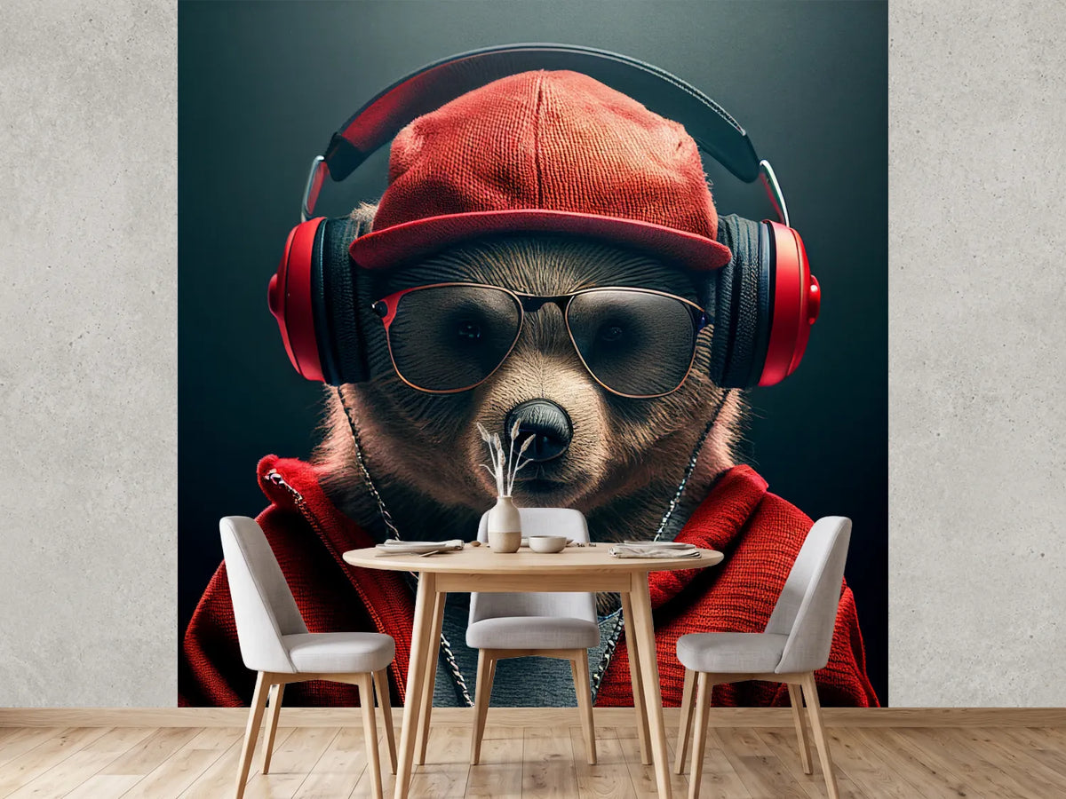 photo-wallpaper-portrait-of-bear-wearing-hat-and-headphone-with-generative-ai