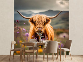 photo-wallpaper-beautiful-watercolor-highland-cow-with-flowers-on-her-heand-floral-headboard
