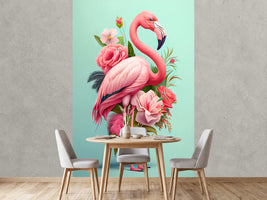 photo-wallpaper-flamingo-adorned-with-roses-and-blossoms-on-soft-mint-green
