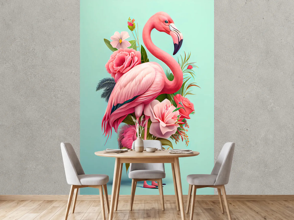 photo-wallpaper-flamingo-adorned-with-roses-and-blossoms-on-soft-mint-green