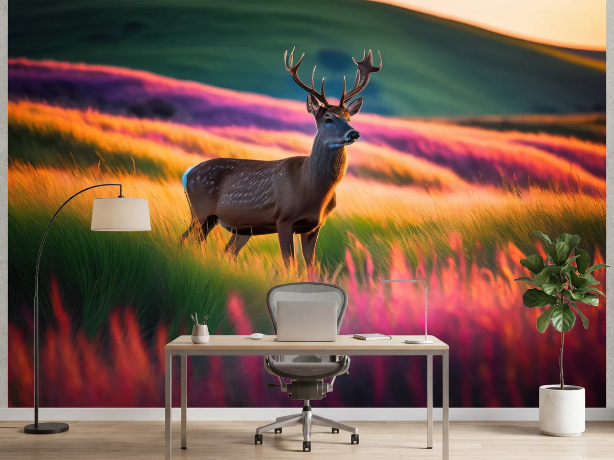 photo-wallpaper-stag-in-glowing-grasslands-at-sunset