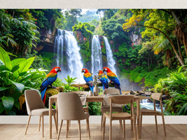 photo-wallpaper-scarlet-macaws-before-a-thundering-jungle-waterfall-in-deep-green