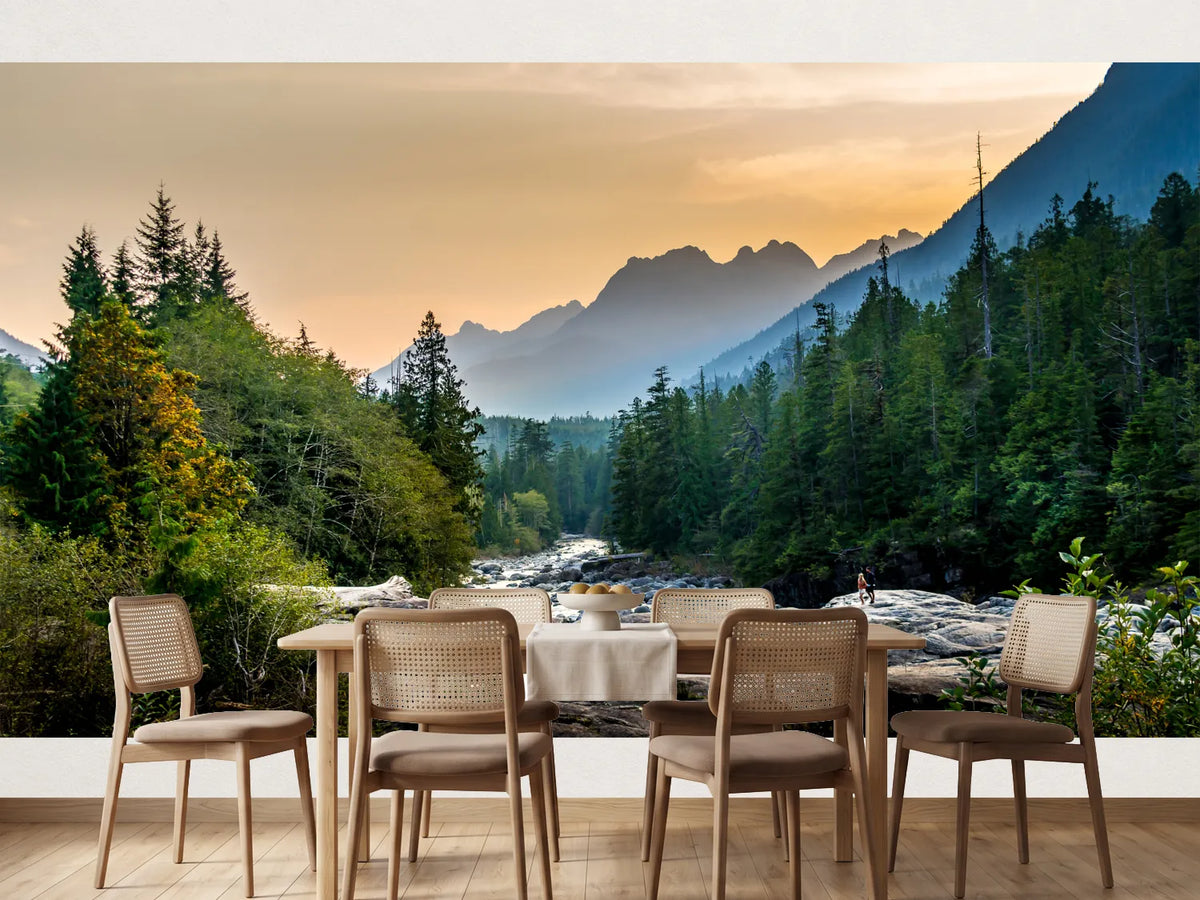 photo-wallpaper-wild-river-through-coniferous-forest-with-mountains-at-sunset
