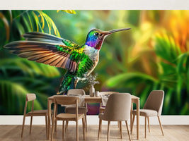 photo-wallpaper-flying-hummingbird-with-green-forest-in-background-small-colorful-bird-in-flight
