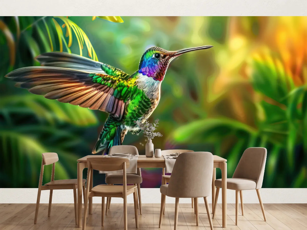photo-wallpaper-flying-hummingbird-with-green-forest-in-background-small-colorful-bird-in-flight
