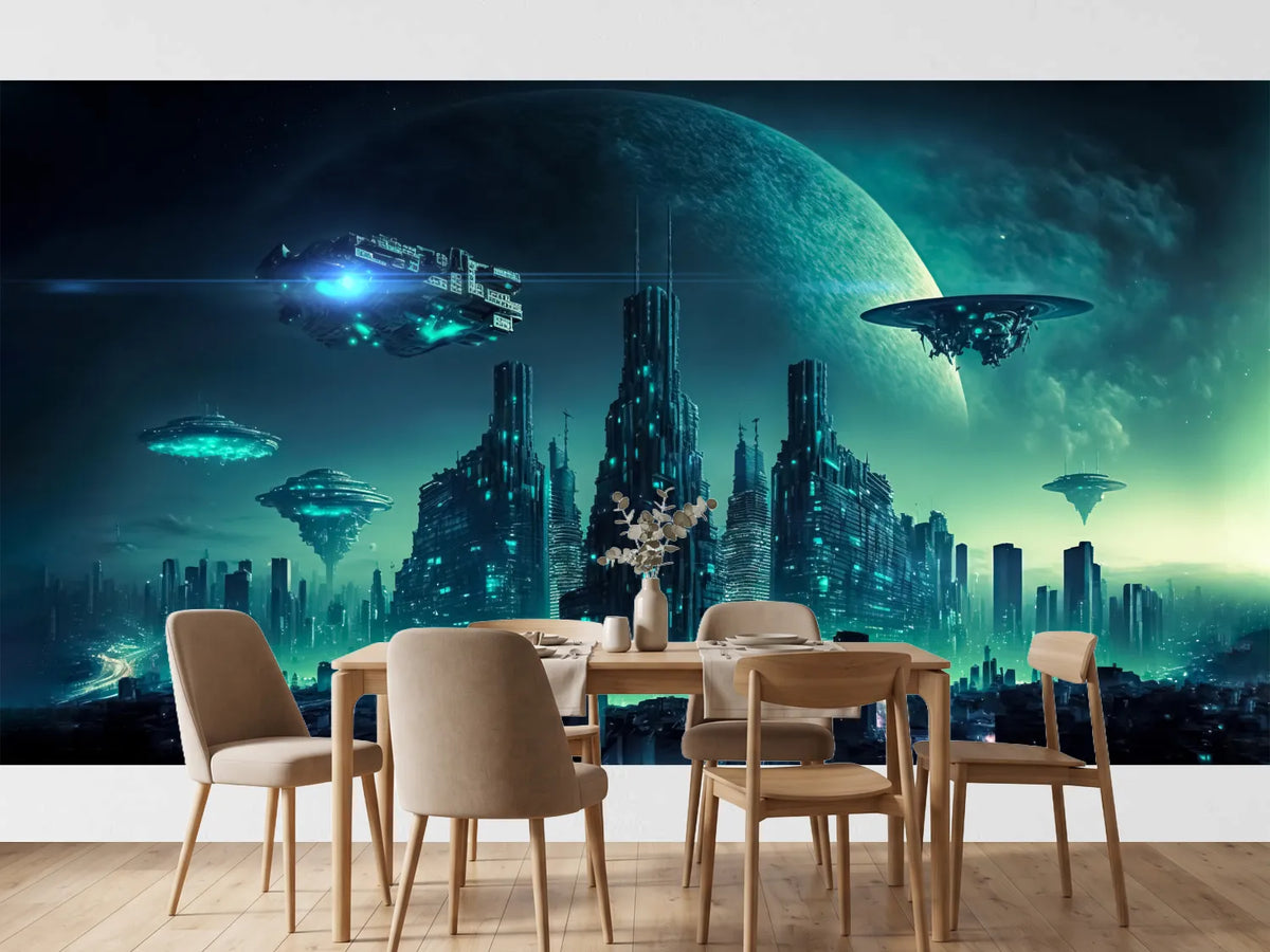 photo-wallpaper-spaceships-above-a-turquoise-lit-city-skyline-at-night